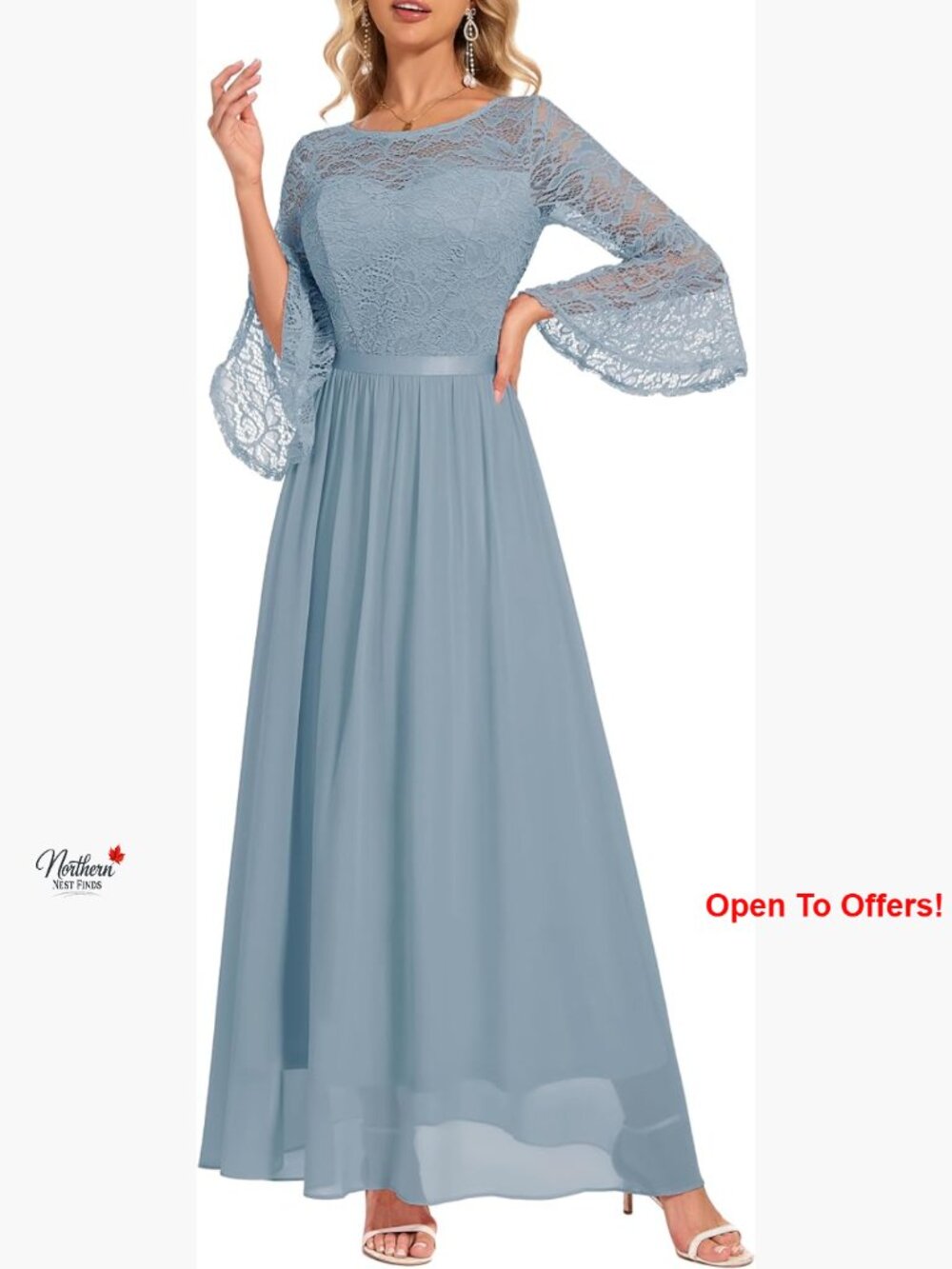 Nylon Elastane Lace Chiffon Formal Evening Maxi Dress Bell Sleeve